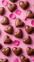 Obraz premium Sweet Chocolate Hearts Scattered On A Pink Background, Surrounded By Rose Petals. Perfect For Valentine'S Day!
