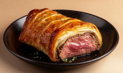 Luxurious beef Wellington with a golden pastry and pink center on black plate