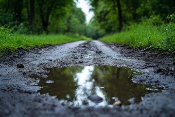 Obraz premium Muddy Forest Path with Water Puddle