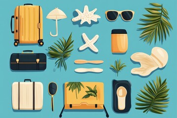 Vibrant travel essentials displayed against a bright background showcasing beach and vacation themes