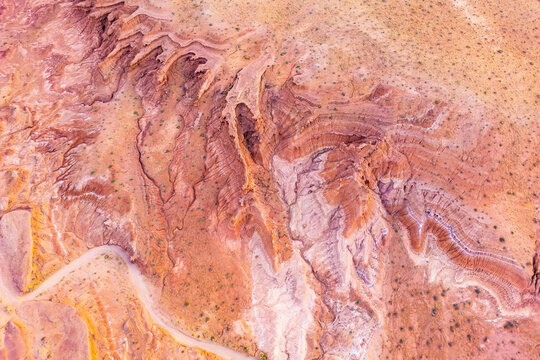 Aerial view of colorful rock textures in Arizona desert