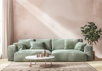 A green sofa with pillows sits in front of a pink wall. with a coffee table and a plant in front of it