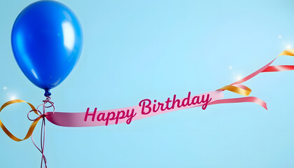 Blue ballon and colorful ribbon Happy Birthday celebration card banner template background , with white tonespng
