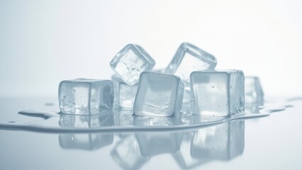 Fresh ice cubes melting on a reflective white surface with scattered water droplets	