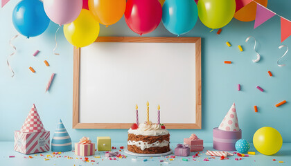 Vibrant children's birthday party scene featuring a blank frame for personalized wishes and scattered party elements , with white tonespng