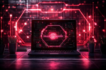 Futuristic laptop with glowing red interface in a dark tech-inspired workspace at night