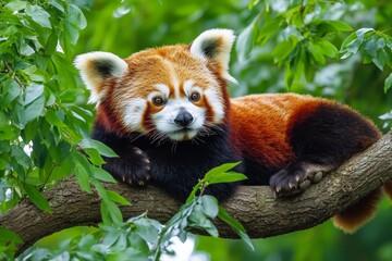 Obraz premium A red panda lounges contentedly on a thick tree branch, surrounded by abundant green leaves. The animal enjoys its tranquil moment in a serene environment filled with life