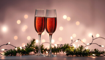 two glasses of champagne and holiday lights - new year celebration , with white tonespng