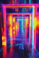 Naklejka premium Vibrant Neon Tunnel with Futuristic Glowing Lights Creating an Abstract and Colorful Perspective