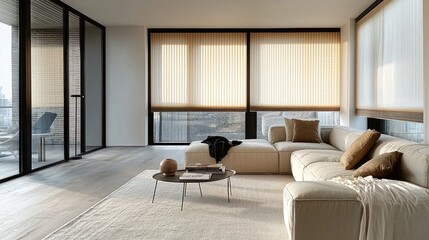 Luxury pleated blinds with a 50mm fold, adding refined sun protection to a modern apartment