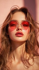 Obraz premium Trendy Young Woman with Sunglasses Posing Against Pink Background