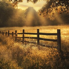 Fototapeta premium Tranquil rural scene featuring a wooden fence, golden grass, and warm sunlight filtering through trees at sunset.