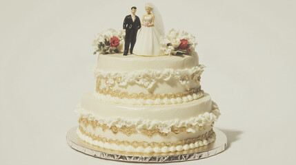 Traditional Wedding Cake: A three-tiered wedding cake, adorned with intricate piping and a delicate golden trim, features a miniature bride and groom figurine.