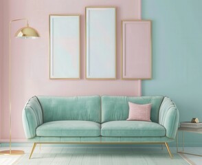 Fototapeta premium A teal velvet sofa with gold accents sits in front of a pink and blue wall with three empty frames