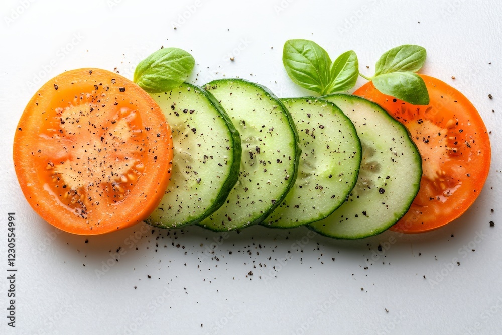 Poster freshly sliced cucumber and tomato garnished with basil leaves on a light background