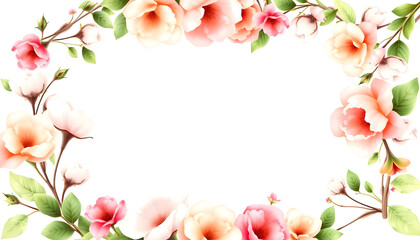 Watercolor floral wreath and bouquet frame illustration with cotton balls peach color, white, pink, vivid flowers, green leaves, for wedding stationary, greetings, wallpapers,  background isolated w