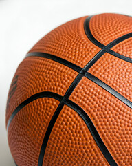 A close-up view of a basketball showcasing its textured surface and distinctive black lines.