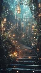 Fototapeta premium A Serene Stairway Embraced by Lush Greenery and Magical Lanterns: Nature's Oasis