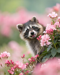 Obraz premium A playful raccoon peeks out from a vibrant cluster of pink flowers, capturing a delightful moment in nature.