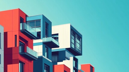 Discover a striking modern architectural design featuring colorful residential buildings. The vibrant facades showcase unique structures and geometric aesthetics.