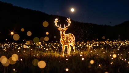 Glowing deer surrounded by fireflies in night meadow, magical scenery