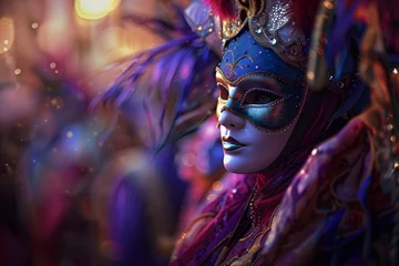 Gordijnen A colorful masquerade mask in bright colours on a blurred festive background with boke, Venice and Tenerife carnival concept banner, copy space, mardi gras concept © Ruwan