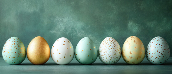 Easter eggs with golden speckles on green background