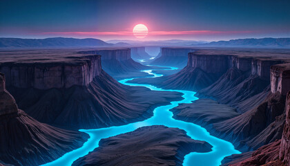 Glowing blue rivers carving alien canyon at sunset, cosmic beauty