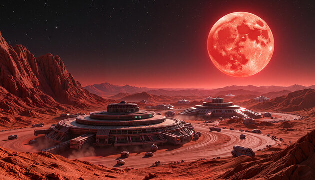 Futuristic space colony on barren moon under red star, advanced settlement