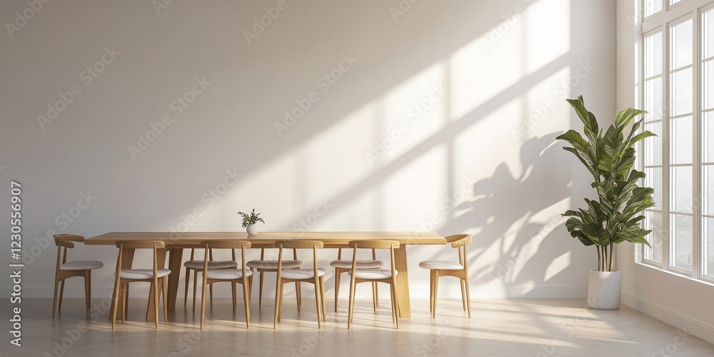 Fototapete sunlit scandinavian dining room featuring a large wooden table with matching chairs. minimalist desi