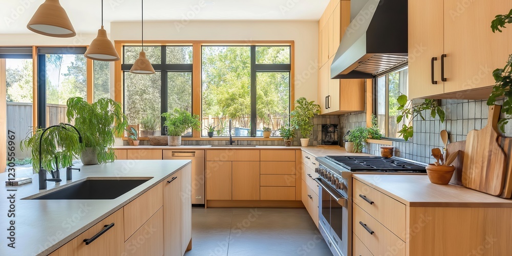 Fototapete bright scandinavian kitchen featuring light wood cabinetry and large windows. indoor plants add a to