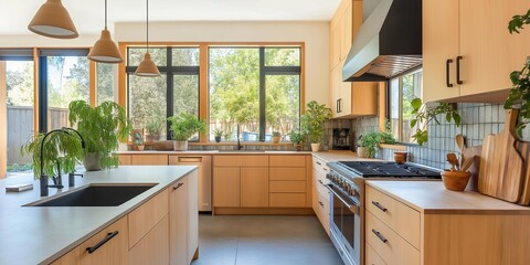 Bright scandinavian kitchen featuring light wood cabinetry and large windows. Indoor plants add a touch of nature, complementing the minimalist design and creating a serene atmosphere