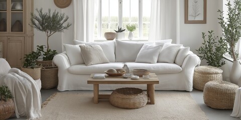 Fototapeta premium Scandinavian style living room showcasing a white sofa surrounded by natural elements like plants and wicker baskets. Soft lighting and neutral tones create a serene, inviting atmosphere