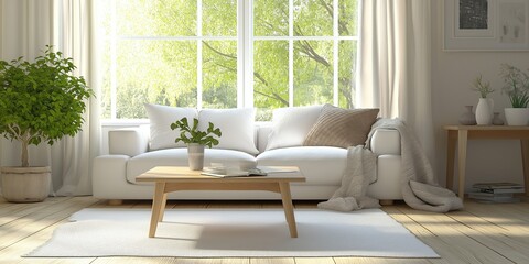 Bright scandinavian style living room featuring a white sofa, wooden coffee table, and lush green plants. Large windows allow abundant natural light, enhancing the tranquil atmosphere