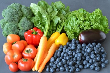 Fresh assortment of colorful vegetables and fruits arranged on a surface for healthy eating promotion