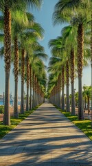 Obraz premium A stunning view of a palm tree-lined pathway under a clear blue sky, showcasing the beauty of a tropical urban landscape.