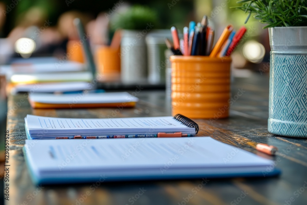 Poster group of notebooks and stationery arranged neatly on a wooden table in an outdoor workspace during a