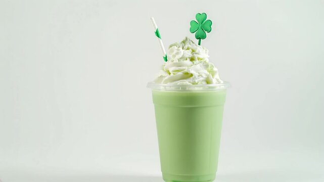 Green milkshake whipped cream. Shamrock straw topping. St. Patrick's Day menu drink. Clean minimal rotation spinning video