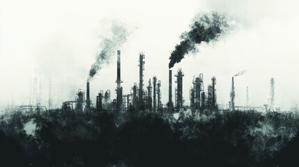 Obraz premium An oil refinery facility with towering distillation columns, pipelines, and storage tanks, representing the petroleum industry and fuel production process.