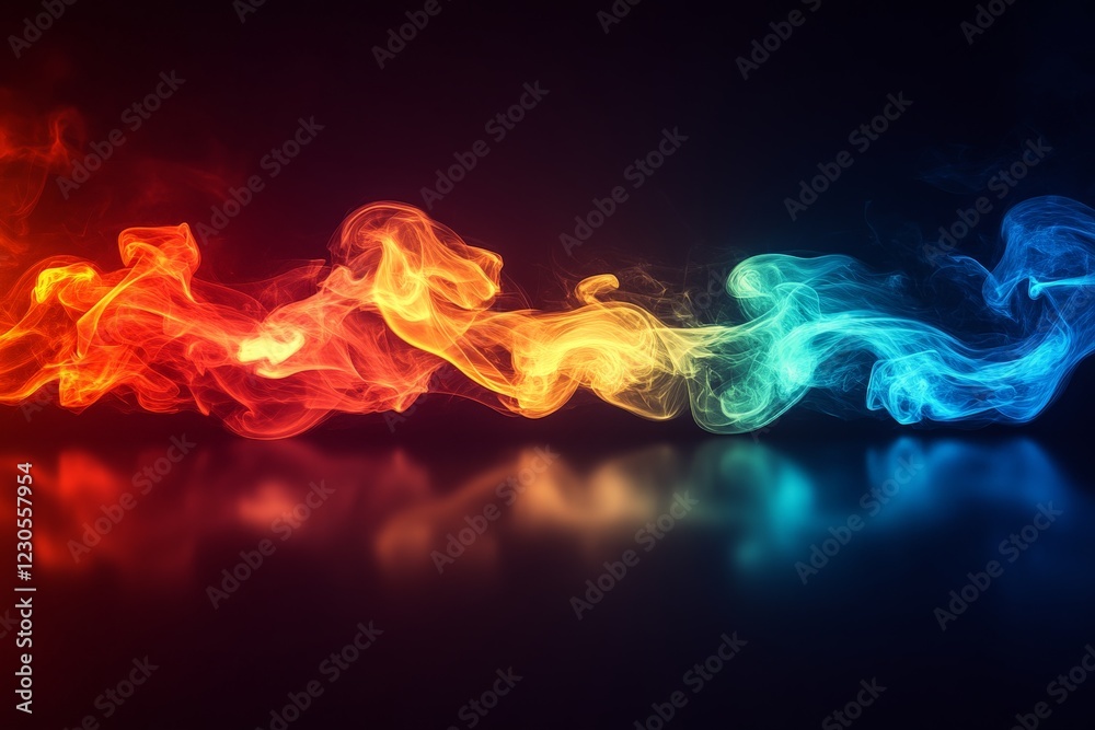Poster colorful swirling smoke creates a mesmerizing gradient effect in a dark environment