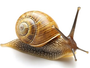 Closeup of a Brown Garden Snail Crawling on White Background