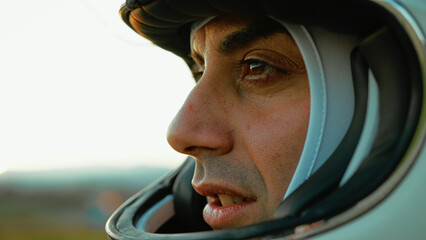 Astronaut With Helmet Explores New Planet Land Thinking