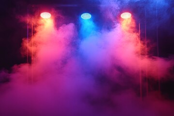 Obraz premium Colorful stage lights illuminate a fog-filled atmosphere during a nighttime performance