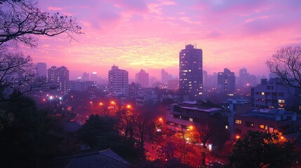Fototapeta premium City Skyline at Dusk with Vibrant Pink Hues
