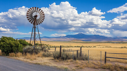 A wind farm featuring multiple wind turbines harnessing wind power as a sustainable energy resource, set against an open landscape.







