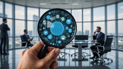 A magnifying glass reveals a network of interconnected data points, symbolizing business intelligence and strategic planning within a modern office setting.