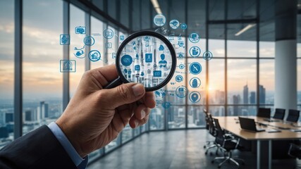 A hand holds a magnifying glass, focusing on a network of interconnected data points representing various aspects of business and technology within a modern office setting.