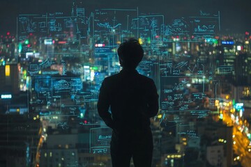 City skyline view at night with person analyzing digital data projections from a rooftop location