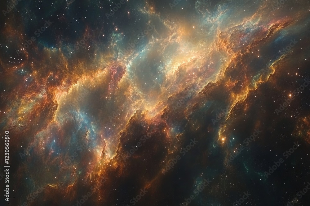 Poster colorful nebula depicting cosmic clouds and starlight in deep space captured with advanced telescope