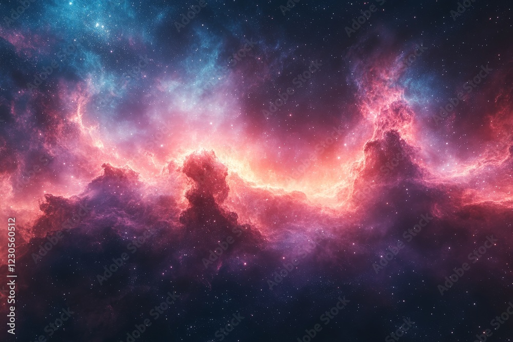 Poster colorful cosmic nebula illuminated by vibrant starlight in a vast universe filled with deep space wo